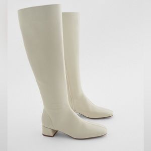 Zara Off-White Knee-High Heeled Boots